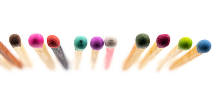 matchsticks various colors on white background, selective focusの写真素材