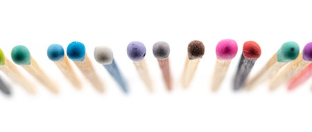 matchsticks various colors on white background, selective focusの写真素材