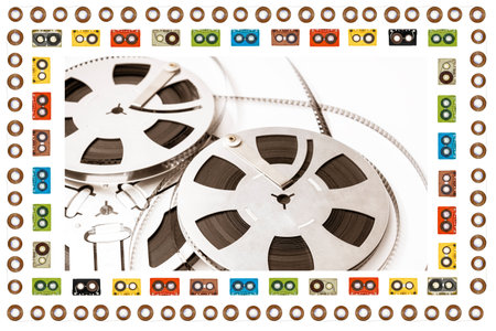 old audio cassette tape open frame with a film reelの写真素材
