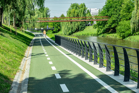 New cyclist paths built in the modern city for ecological bicycle transport, Sibiu, Romaniaの写真素材