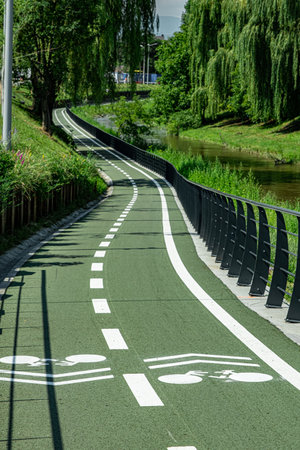New cyclist paths built in the modern city for ecological bicycle transport, Sibiu, Romaniaの写真素材