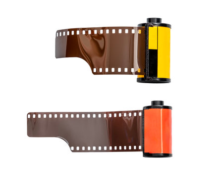 photo films in cartridge isolated on white backgroundの写真素材