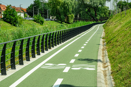 New cyclist paths built in the modern city for ecological bicycle transport, Sibiu, Romaniaの写真素材