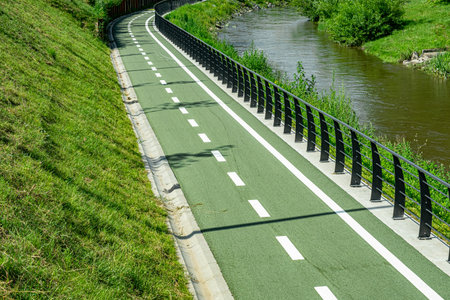 New cyclist paths built in the modern city for ecological bicycle transport, Sibiu, Romaniaの写真素材