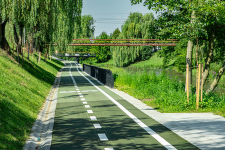 New cyclist paths built in the modern city for ecological bicycle transport, Sibiu, Romaniaの写真素材