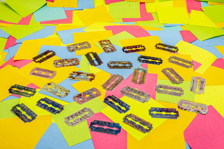 old vintage razor shaving blade on multicolored paper sticky notesの写真素材