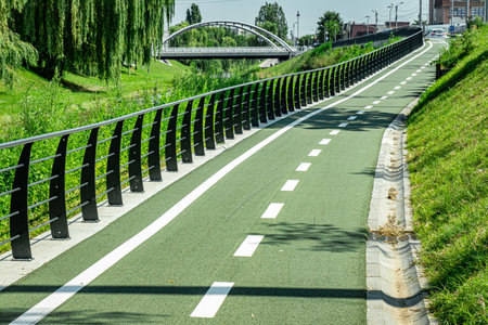 New cyclist paths built in the modern city for ecological bicycle transport, Sibiu, Romaniaの写真素材