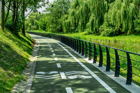 New cyclist paths built in the modern city for ecological bicycle transport, Sibiu, Romaniaの写真素材