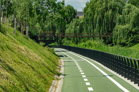 New cyclist paths built in the modern city for ecological bicycle transport, Sibiu, Romaniaの写真素材