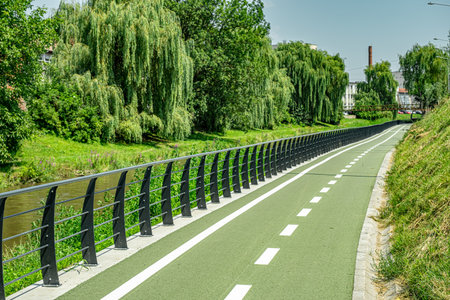 New cyclist paths built in the modern city for ecological bicycle transport, Sibiu, Romaniaの写真素材