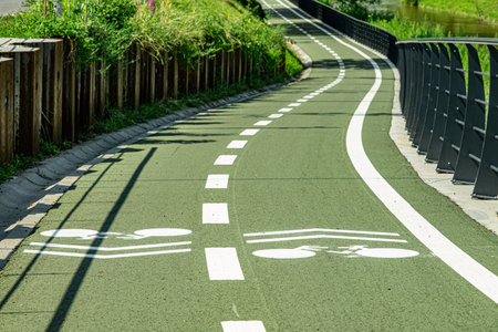 New cyclist paths built in the modern city for ecological bicycle transport, Sibiu, Romaniaの写真素材