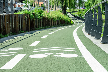New cyclist paths built in the modern city for ecological bicycle transport, Sibiu, Romaniaの写真素材