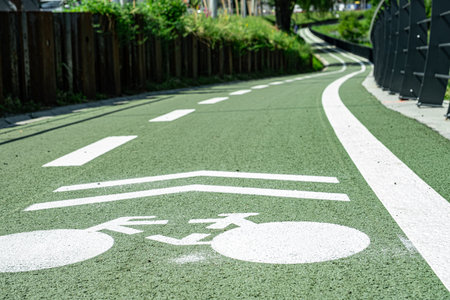 New cyclist paths built in the modern city for ecological bicycle transport, Sibiu, Romaniaの写真素材