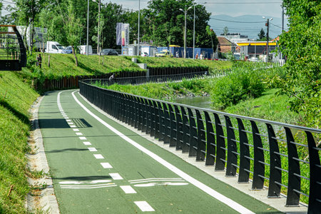 New cyclist paths built in the modern city for ecological bicycle transport, Sibiu, Romaniaの写真素材