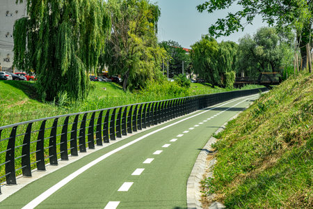 New cyclist paths built in the modern city for ecological bicycle transport, Sibiu, Romaniaの写真素材