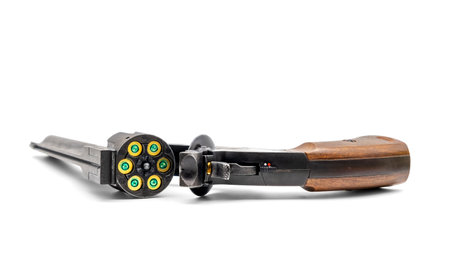 Pneumatic pistol revolver for sports and entertainment. Airsoft gun on white backgroundの写真素材