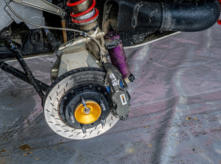 Rally race car brake system detail close upの写真素材
