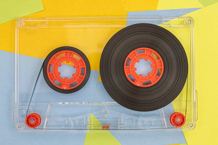 Top view of old vintage retro audio tape cassettes with a background of multicolored paper sticky notesの写真素材