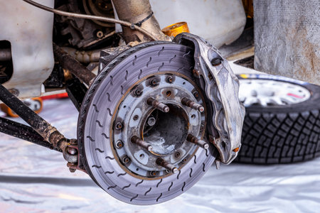 Rally race car brake system detail close upの写真素材