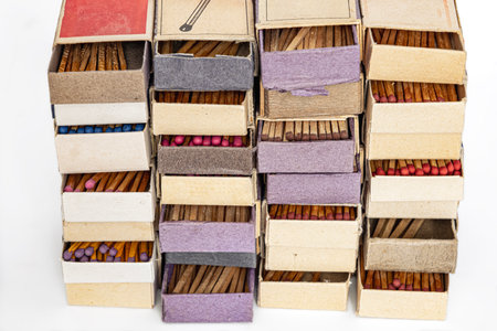 Vintage old used matchboxes stackedの写真素材