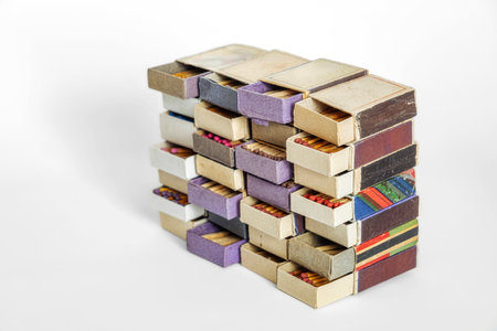 Vintage old used matchboxes stacked