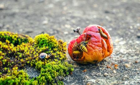 wasps and worm eating from a rotten appleの写真素材