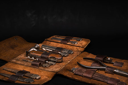 vintage tools from World War Two in leather caseの写真素材