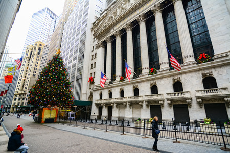 NEW YORK CITY, NY, USA - JANUARY 1, 2016 - Christmas decoration at New York Stock Exchange Wall Street business center.のeditorial素材