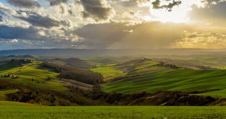 Aerial view of the "Crete Senesi", near Asciano, Tuscany at sunsetの写真素材