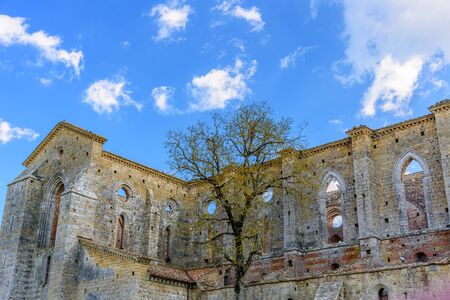 The exterior of the famous Abbey of San Galgano in Chiusdino, Tuscany, Italyの写真素材