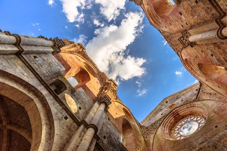 The interior of the famous Abbey of San Galgano in Chiusdino, Tuscany, Italyの写真素材