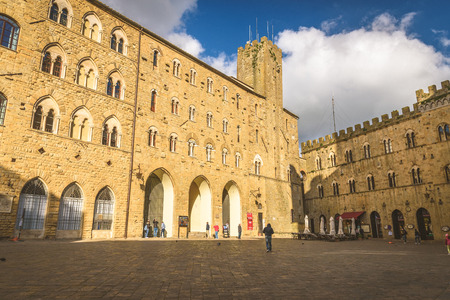 VOLTERRA, ITALY - APRIL 23, 2017 - View of the main square of the small and famous town of Volterra, Italy.のeditorial素材