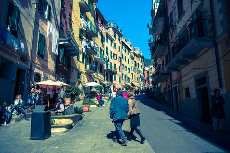 RIOMAGGIORE, ITALY - APRIL 29, 2017 - View of a street of the beautiful town Riomaggiore in Liguria, inside the famous Cinque Terre National Park.のeditorial素材