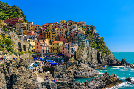 MANAROLA, ITALY - APRIL 29, 2017 - View of some colorful houses in the famous town of Manarola inside the Cinque Terre National Park.のeditorial素材