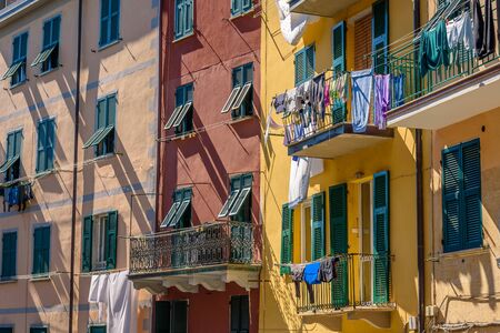 RIOMAGGIORE, ITALY - APRIL 29, 2017 - View of the colorful house of the famous town of Riomaggiore in Liguria, inside the famous Cinque Terre National Park.のeditorial素材