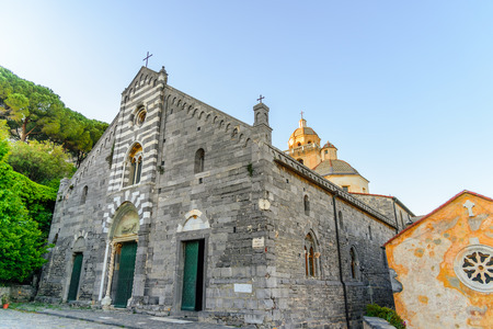 PORTO VENERE, ITALY - APRIL 30, 2017 - View of the square with the ancient church of Porto Venere in Liguria.のeditorial素材