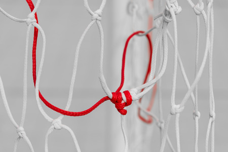Knotted ropes of a soccer net of two different colors.の写真素材