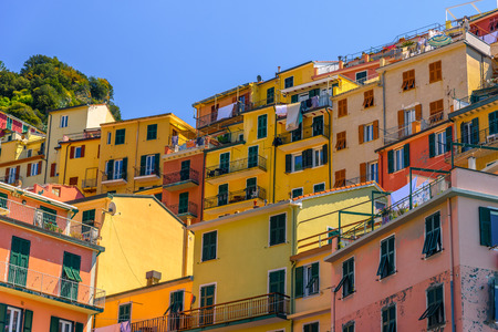 MANAROLA, ITALY - APRIL 29, 2017 - View of some colorful houses in the famous town of Manarola inside the Cinque Terre National Park.のeditorial素材