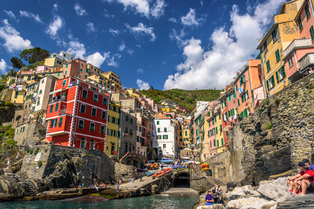RIOMAGGIORE, ITALY - APRIL 29, 2017 - View of the beautiful town of Riomaggiore in Liguria, inside the famous Cinque Terre National Parkのeditorial素材