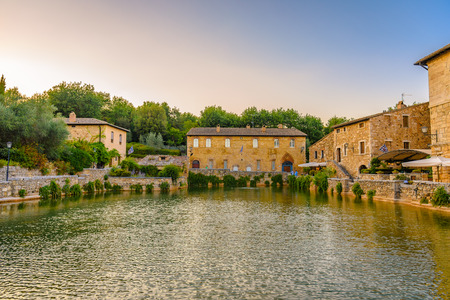 BAGNO VIGNONI, ITALY - JULY 23, 2017 - View of the medieval thermal baths in Bagno Vignoni a small village in Val'd'Orcia.のeditorial素材