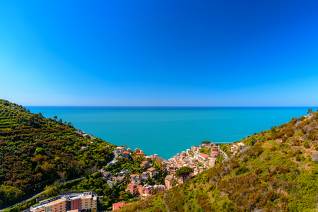 Aerial view of Riomaggiore in Liguria a famous town of the Cinque Terre National Park.の写真素材