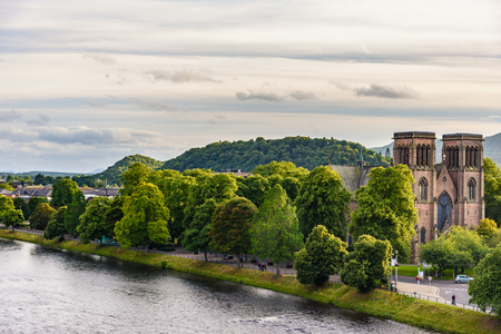 INVERNESS, SCOTLAND - AUGUST 11, 2017 - View of the city of Inverness at sunset.のeditorial素材
