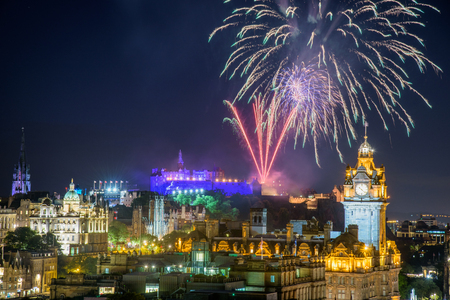 EDINBURGH, SCOTLAND - AUGUST 15, 2017 - The scenic summer fireworks in Edinburgh during the Royal Military Tattoo and Fringe Festival.のeditorial素材