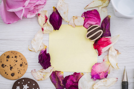Pink rose, chcolate, petals and a pencil on a white backgroundの写真素材