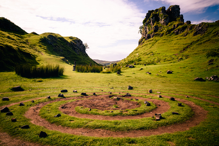The magic spiral at the center of the Mystic Fairy Glen in the Isle of Skye, Scotlandの写真素材