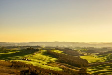 Scenic view of the tuscan countryside in spring. Rural landscape.の写真素材