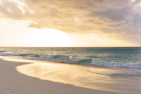 View of a tropical caribbean beach at sunset.の写真素材