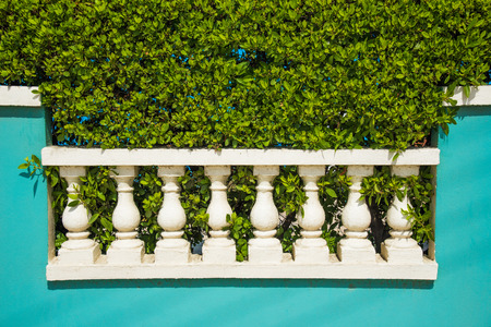 A white fence with a pastel-colored water-green wall and a hedge