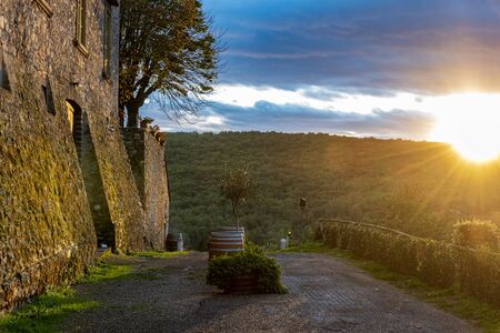 Gaiole in Chianti, Italy - November 4, 2019: View of the beautiful and ancient Meleto Castle in the heart of Chianti area at sunset.のeditorial素材