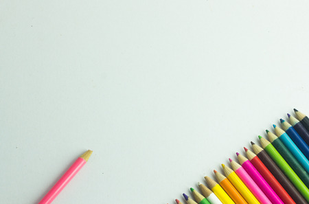 Color pencil with copy space isolated on whtie background,education frame concept.Colored pencil on paper drawing white.の写真素材